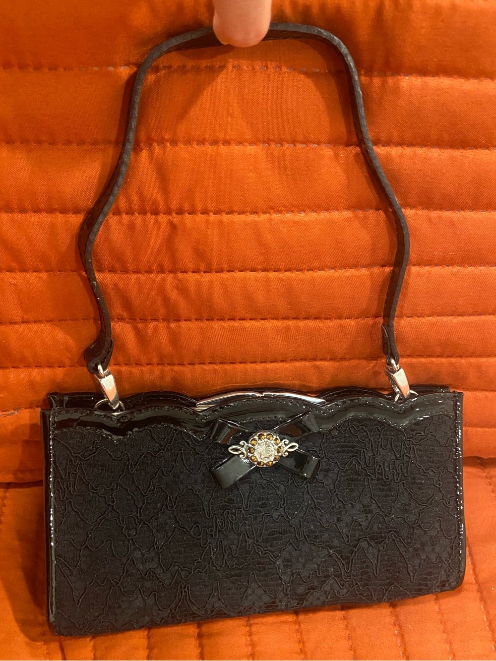 Brighton Elegant Black Patent Lace Evening Handbag with Jewel Accent